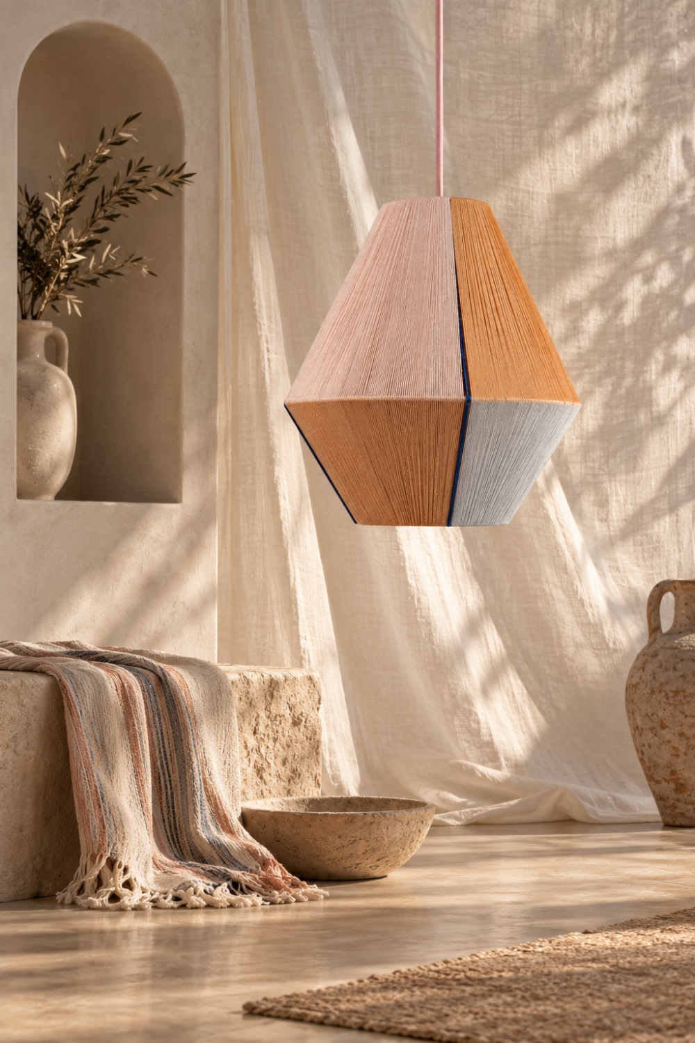 SYMI pendant lamp in a warm architectural interior, highlighting its woven thread and geometric form