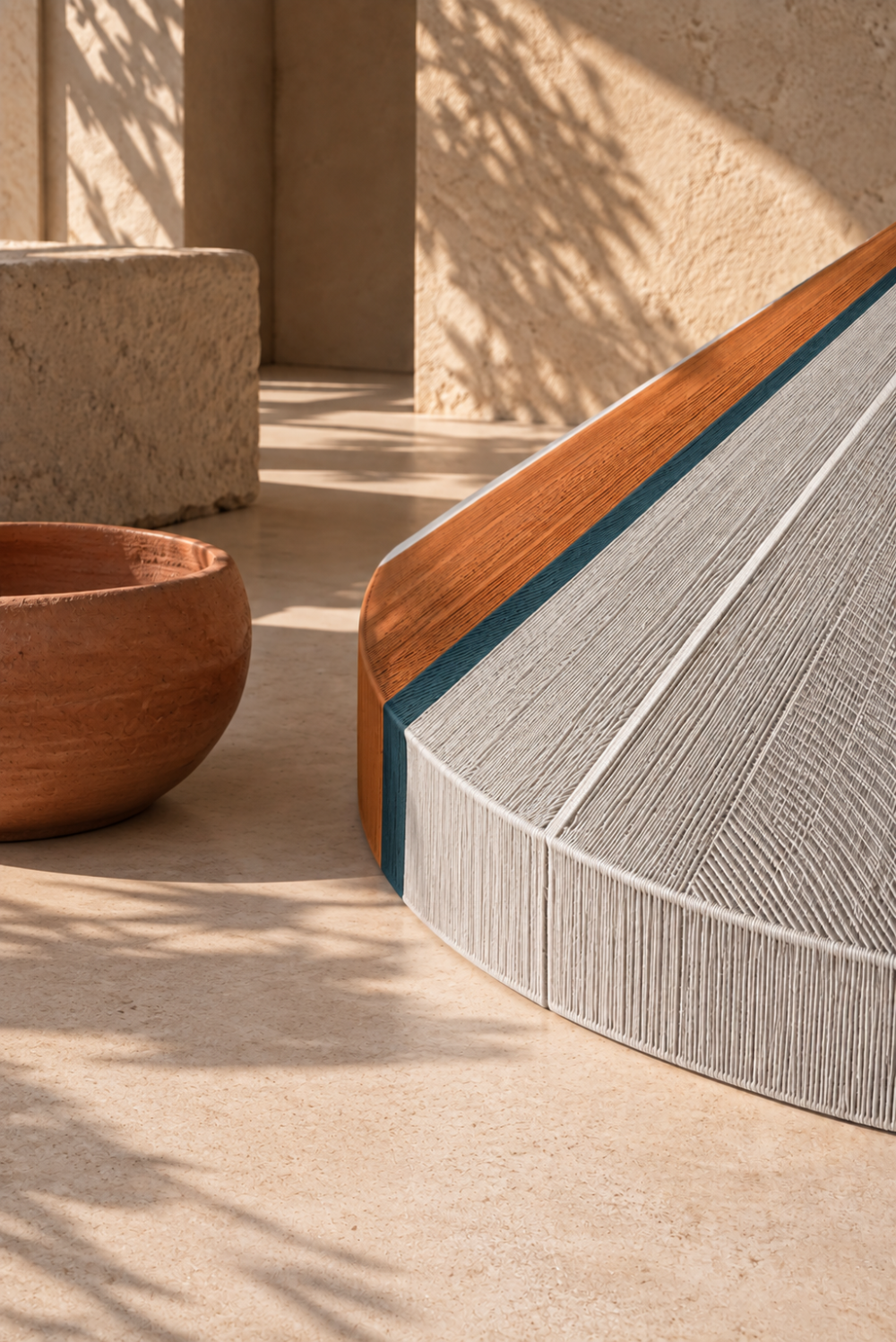 Detail of the SAMOS pendant lamp showing the woven cotton yarn and geometric colour panels
