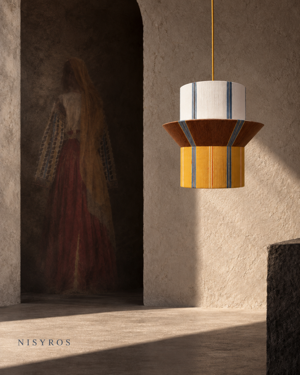NISYROS pendant lamp by HOMMETRY in a warm architectural interior inspired by traditional island dress