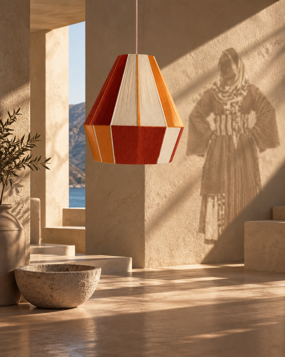 KALYMNOS pendant lamp in a warm architectural interior with a shadow inspired by traditional Kalymnos dress