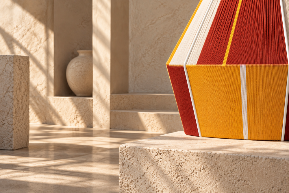 Close-up of the KALYMNOS pendant lamp showing its hand-threaded red, ochre and off-white geometric panels
