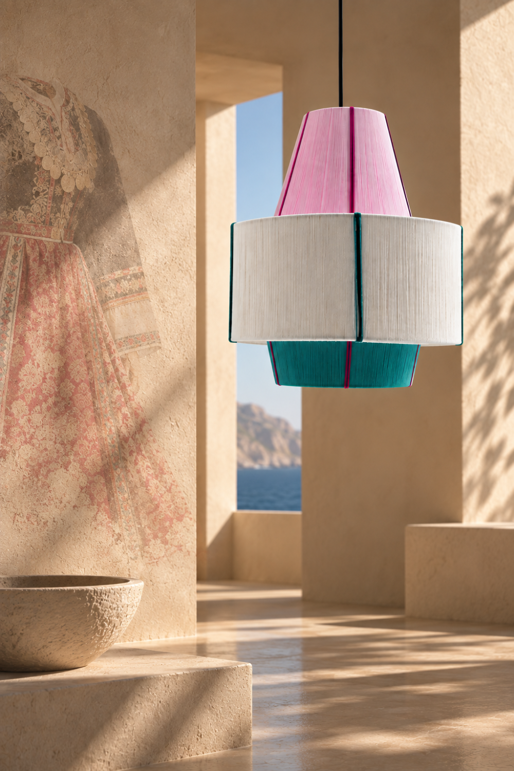 KARPATHOS pendant lamp in a warm architectural interior with a faded mural inspired by traditional Karpathos dress