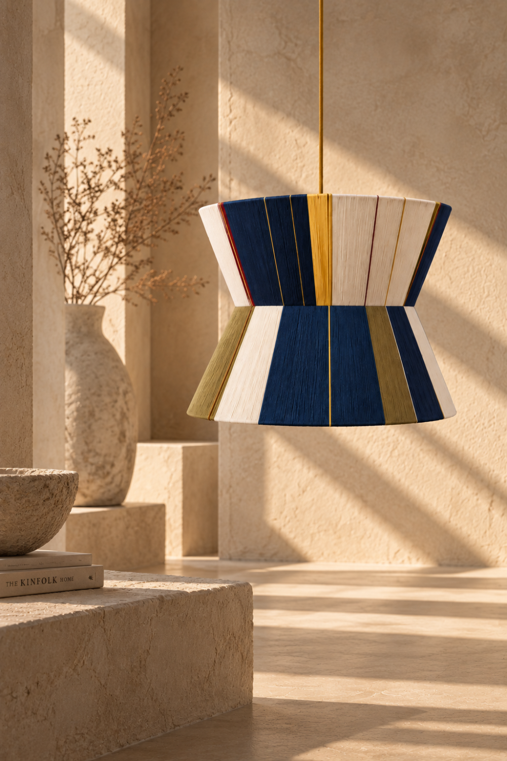 RHODOS pendant lamp in a warm minimal interior with natural light and sculptural plaster surfaces
