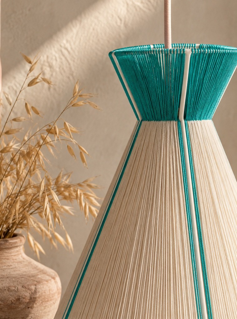 Detail of the MYKONOS pendant lamp showing hand-threaded cotton yarn, colour accents and geometric structure
