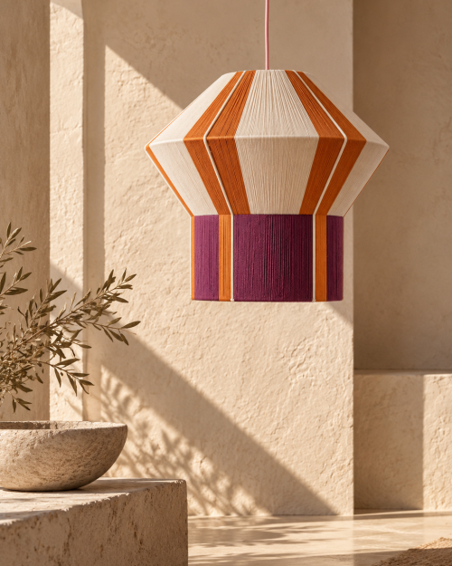 ASTYPALAIA sculptural pendant lamp by HOMMETRY in cream, terracotta and deep magenta woven thread